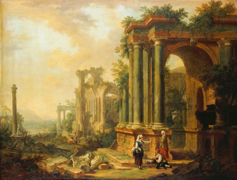 Paisaje con ruinas antiguas y una columna, pintura al óleo de Christian Georg Schütz el anciano