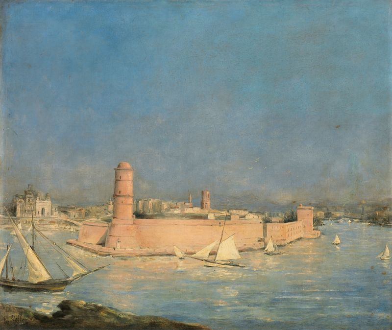 Marseilles Harbour with a Lighthouse by Antoine Vollon, oil on canvas, featuring calm water and a lighthouse at dusk.
