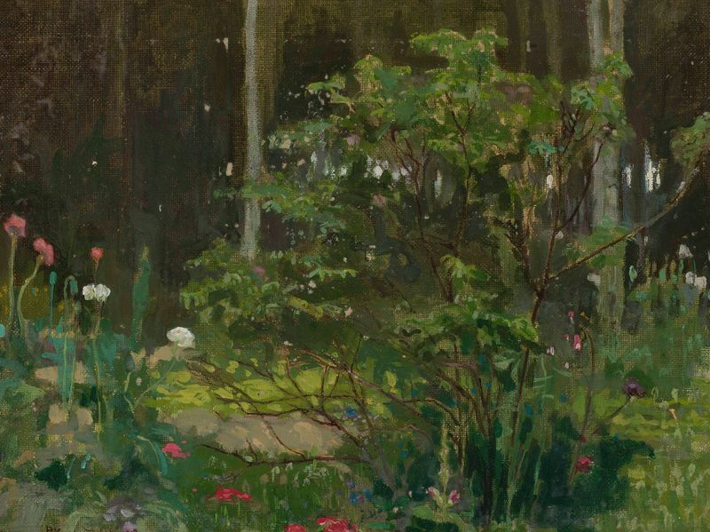 Paisaje del bosque de Piotr Hipolit Krasnodębski, óleo sobre lienzo, que representa un bosque exuberante con luz filtrada.
