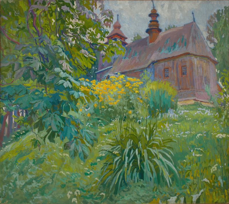 Escena interior con intrincados trabajos en madera de Stanisław Kamocki, pintura al óleo