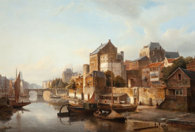 Landscape of a town by a river, oil painting by Kasparus Karsen