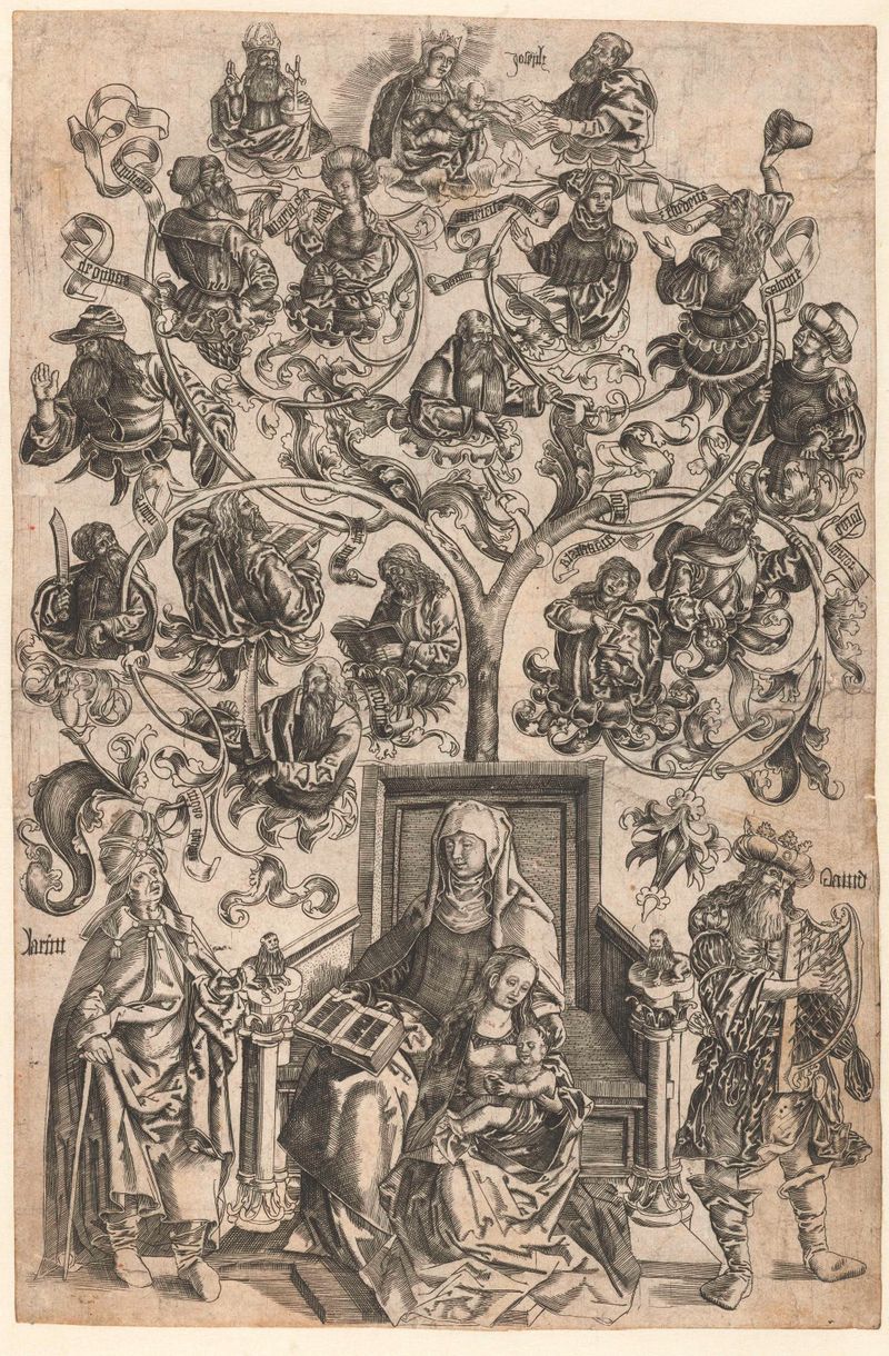 Gravura de uma árvore genealógica com ramos e folhas intrincadas de Unknown Artist