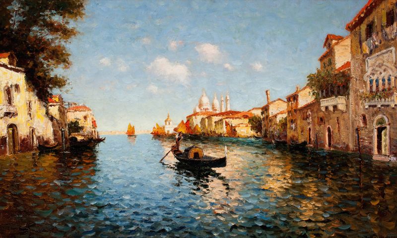 Paisaje impresionista de Richard Dey De Ribcowsky, con un puente y reflejos en el agua.