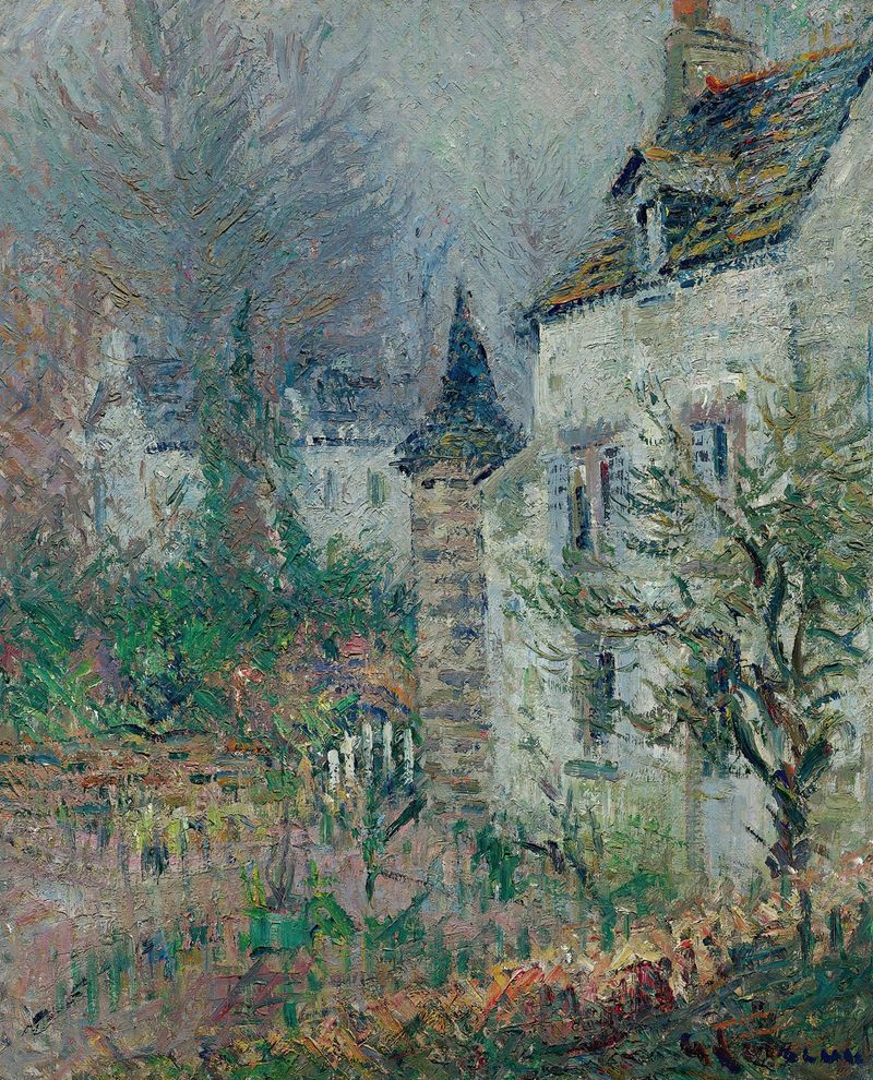 La Maison De Juge, Pont-Aven de Gustave Loiseau, óleo de una casa iluminada por luz y sombra.