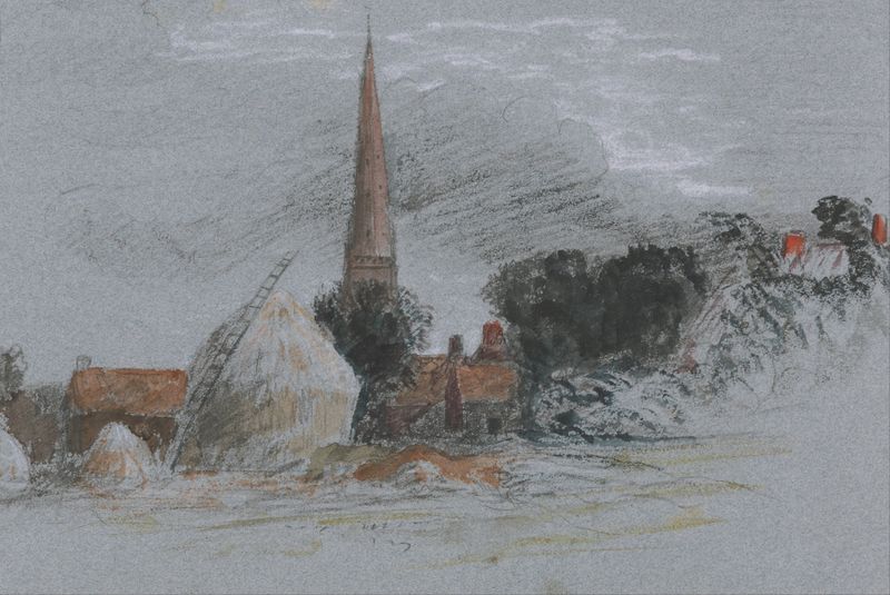 Estudio de Paisaje de Peter DeWint, con un montón de heno cerca de una iglesia, pintura al óleo