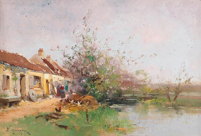 Frühlingstag am Bachufer de Eugène Galien-Laloue, óleo sobre lienzo que representa un arroyo y vegetación exuberante.