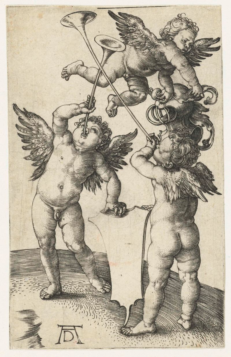 Tres putti con un trompeta, escudo y casco en un grabado de Albrecht Dürer