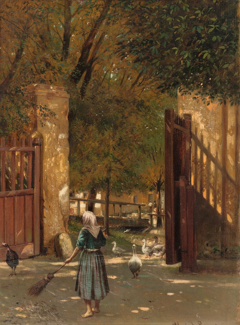 Genre scene depicting a woman sweeping a courtyard in a realism style by Eduard Majsch
