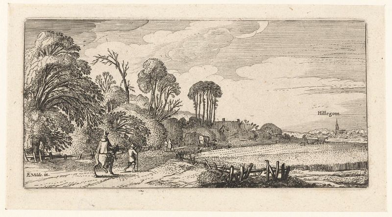 Landschap met ruiter en wandelaar op een weg bij Hillegom, gravura de Unknown Artist