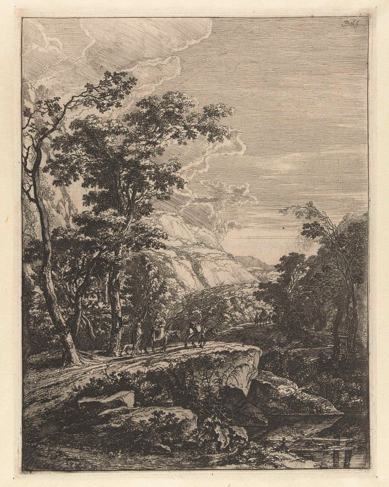 Landschap met vrouw rijdend op een muilezel, gravura de Jan Both