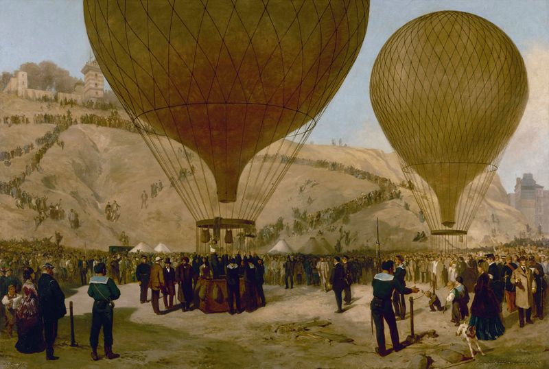 Cena histórica com um balão e multidão, óleo de Jules Didier