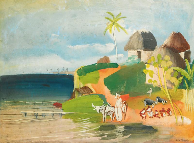 South American landscape oil painting by Boris Grigoriev featuring emerald hills and a stormy sky.