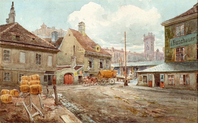 Genre scene of a bustling marketplace, oil painting by Ferdinand Weckbrodt