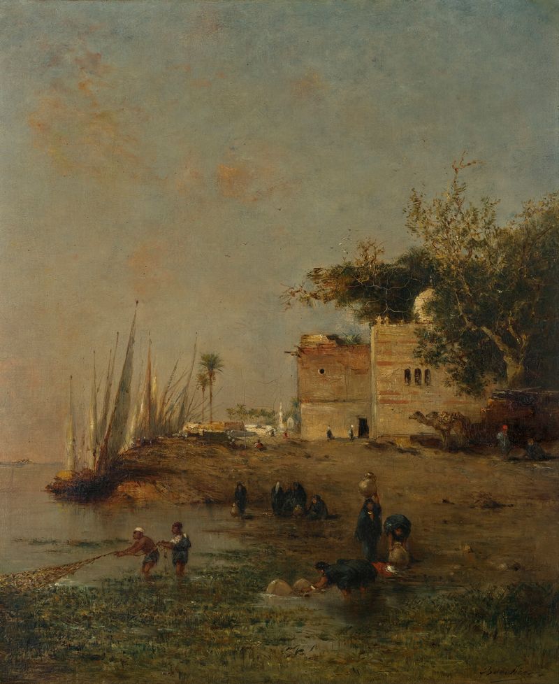 Les pêcheurs sur le Nil, oil painting by Narcisse Berchère, depicting fishermen on the Nile.
