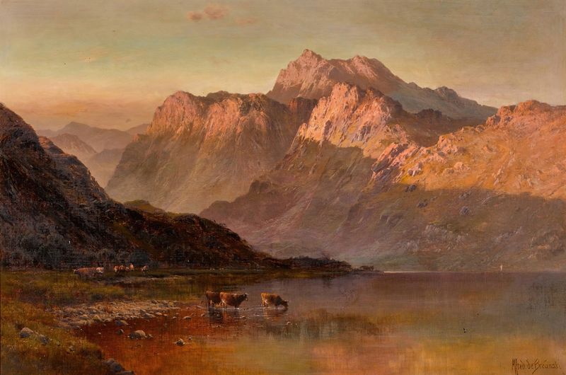 Paisaje de Llyn-Y-Ddinas de Alfred de Bréanski, óleo sobre lienzo que muestra colinas y un lago.