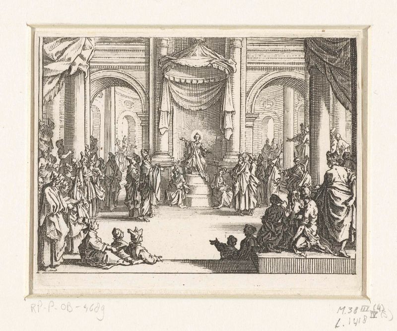 Gravura de Jacques Callot mostrando um menino em um templo cercado por homens sábios.