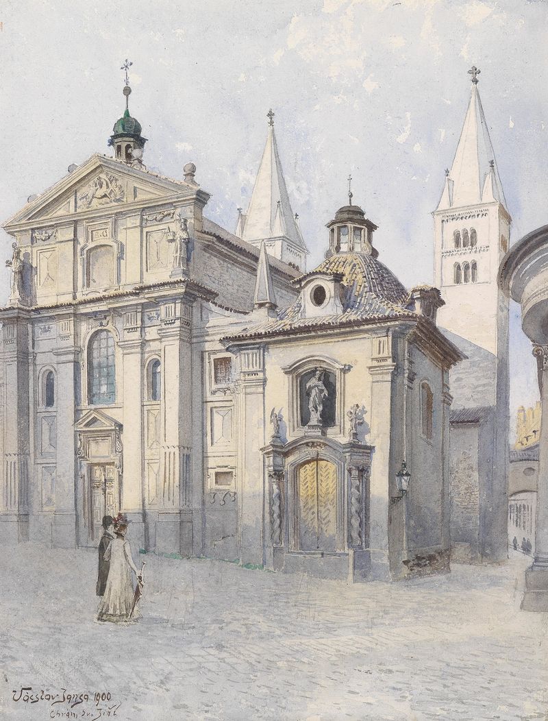 Gothic architecture of Georgsbasilika Prag by Václav Jansa, showcasing ornate facade details.