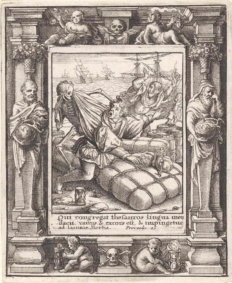 Grabado de Wenceslaus Hollar que muestra a un comerciante enfrentando la muerte