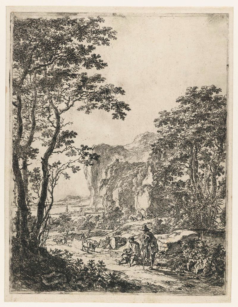 Landschap met een ossewagen, etching by Jan Both depicting an ox-drawn cart in a rural landscape.