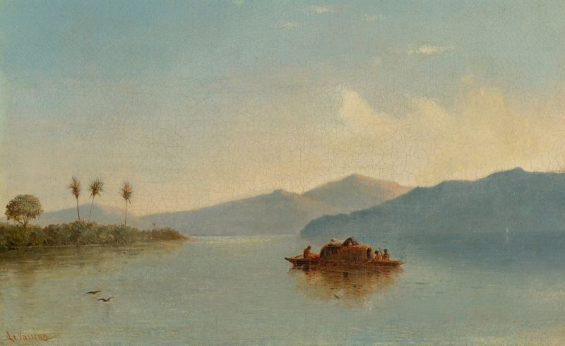 Lake Nicaragua by Judah Levasseur, oil on canvas, depicting a tranquil lake with reflections.