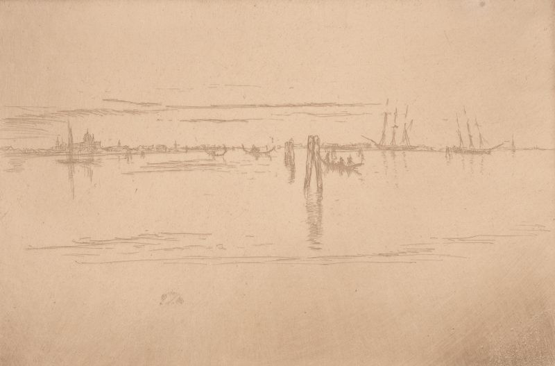 Long Lagoon de James Abbott McNeill Whistler, óleo sobre lienzo que muestra un lago bajo un cielo tormentoso.