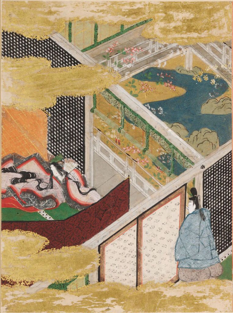 The Eastern Cottage by Tosa Mitsunobu, gold, serene landscape with cottage and willow trees