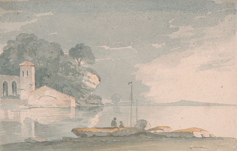 Lakeside scene with a boat and figures, oil painting by John Baverstock Knight