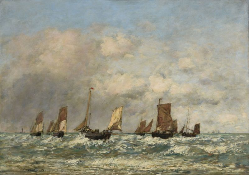Cena marinha com barcos e nuvens, pintura a óleo de Eugène Boudin