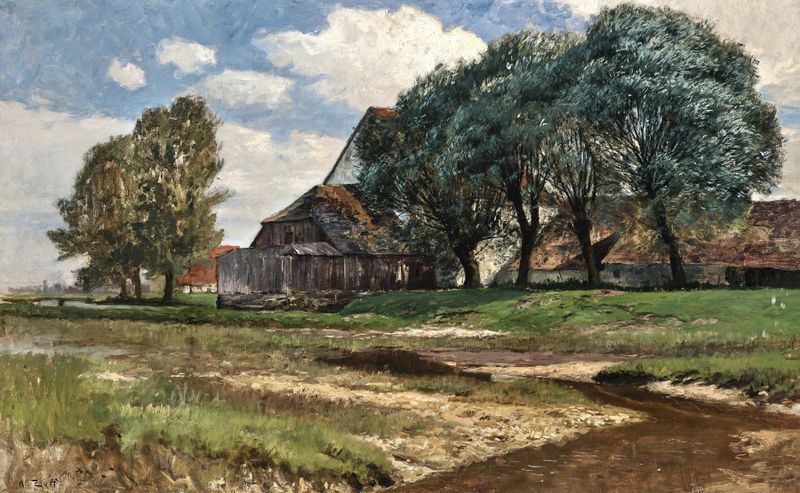 A Farmhouse near Munich de Alfred Zoff, óleo sobre lienzo que representa un paisaje rural sereno con luz dorada.