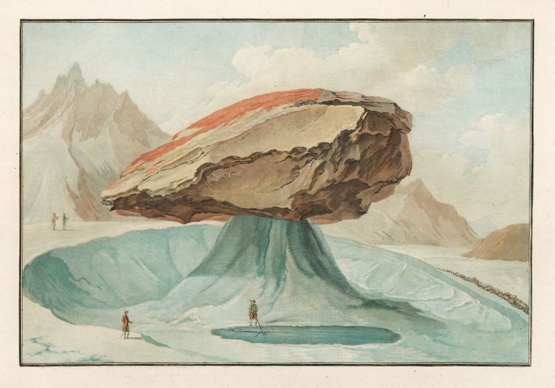 La grosse pierre sur le glacier de Vorderaar de Caspar Wolf, óleo sobre lienzo que muestra un boulder en un glaciar.