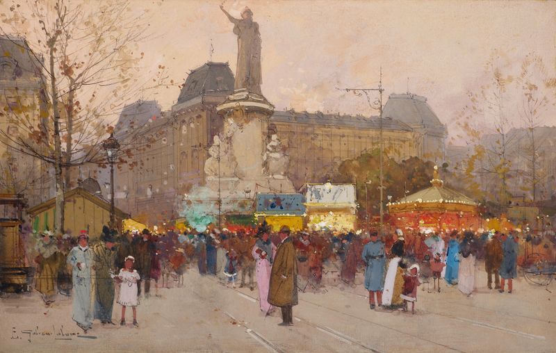 La Place du Republic, Paris de Eugène Galien-Laloue, impresionismo, representando arquitectura urbana y un cielo dramático.