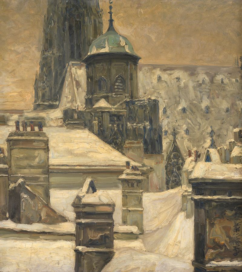 óleo sobre lienzo de Alois Hänisch que muestra el Adlerturm de la Stephanskirche y los tejados