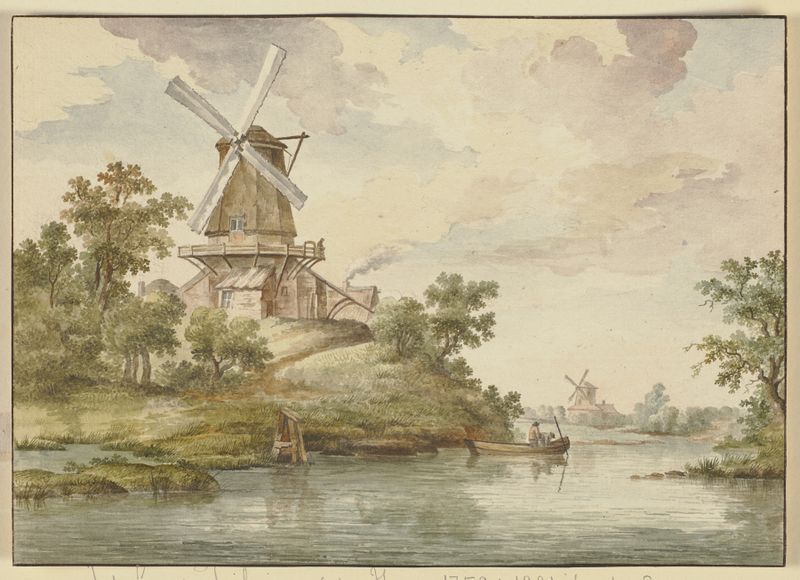 Kleiner Fluß, una pintura al óleo de Jean George Teissier que representa un río y dos molinos de viento