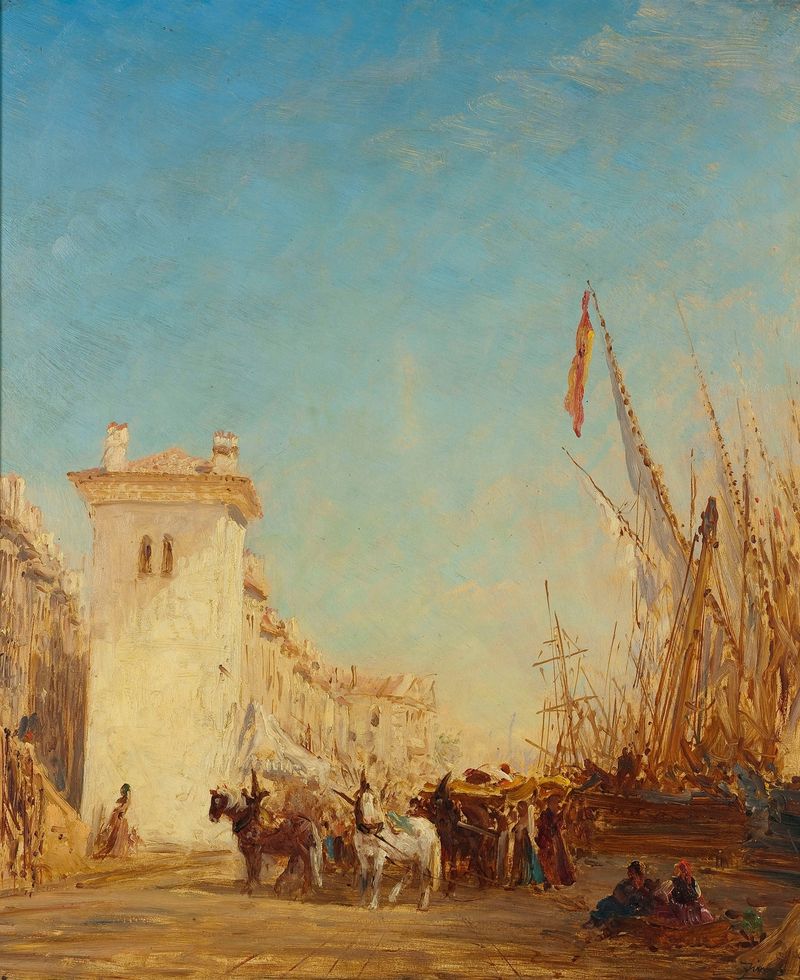 Paisaje de Le quai Saint-Jean à Marseille de Félix Ziem, pintura al óleo que representa agua y cielo.