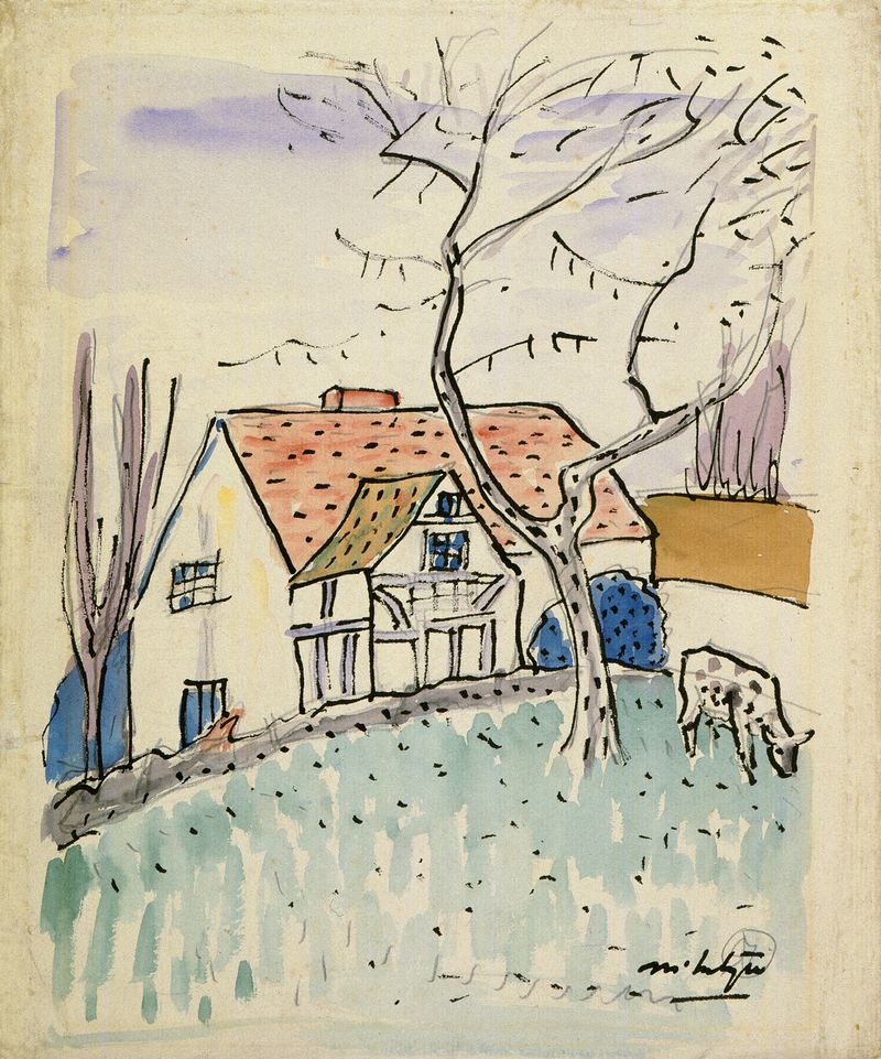 Cottage and calf, oil on canvas by Raymond McIntyre, featuring a tranquil landscape with a calf.
