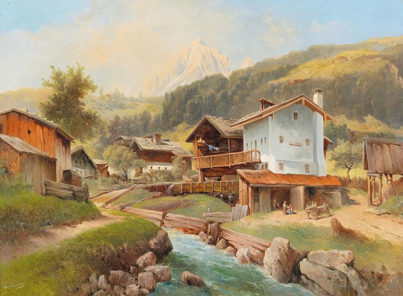 Landscape featuring a mountain village and stream, oil painting by Carl Franz Emanuel Haunold.