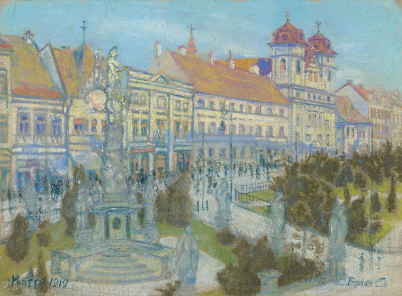 Cobbled street in Košice, oil on canvas by Konštantín Bauer