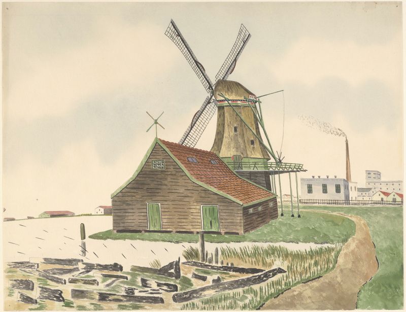 Paisagem com moinho de óleo e fábrica, pintura a óleo de Johannes Nicolaas Eijman