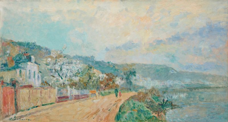 Pintura a óleo de Albert Lebourg mostrando árvores em flor sob um céu azul.