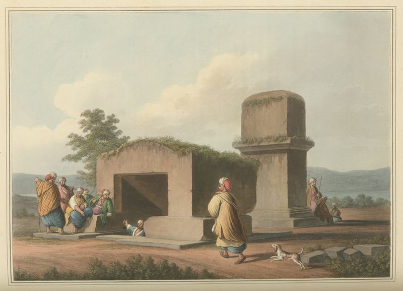 Monumento en la Costa de Siria de Luigi Mayer, pintura al óleo que representa una escena costera con un monumento y el mar.