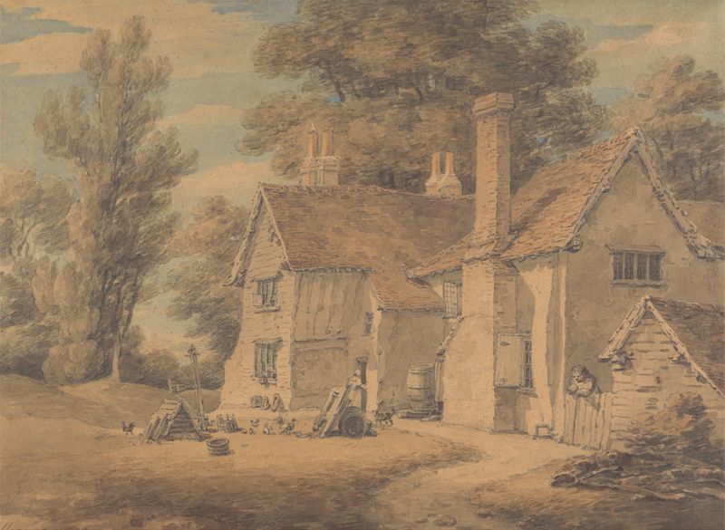 Watercolour by Thomas Hearne depicting a dilapidated house under a cloudy sky