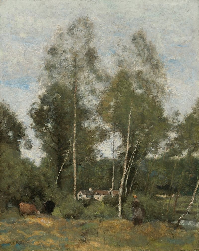 Paisaje de Jean-Baptiste-Camille Corot, pintura al óleo que representa un sereno bosque.