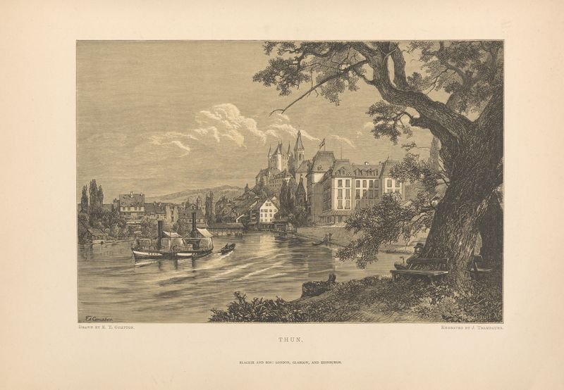 Paisaje óleo de Theodor Gsell Fels con montañas y aguas brillantes