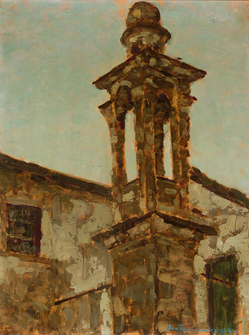 Old Bell-Tower by Jan Bohuszewicz, oil on canvas depicting a historic bell-tower illuminated by warm light.