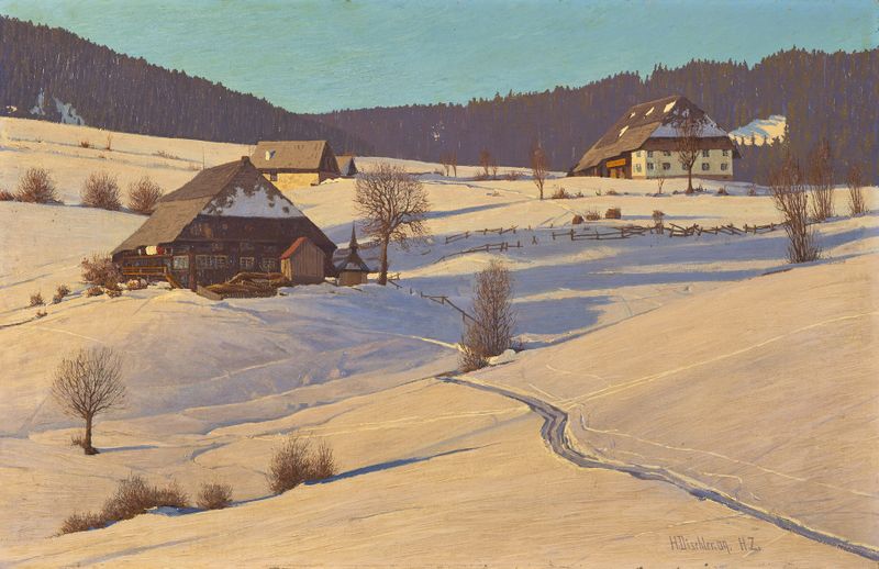 Invierno en el Bosque Negro, óleo sobre lienzo de Hermann Dischler, con árboles cubiertos de nieve y un cielo azul.
