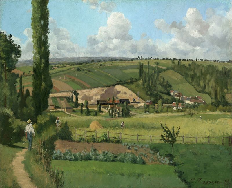 Landscape at Les Pâtis, Pontoise de Camille Pissarro, retratando colinas onduladas em cores pastel