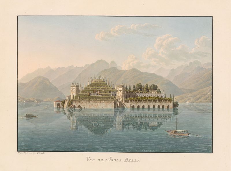 Vue de L’Isola Bella de Gabriel Lory the Younger, óleo sobre lienzo que representa un lago sereno y una isla.