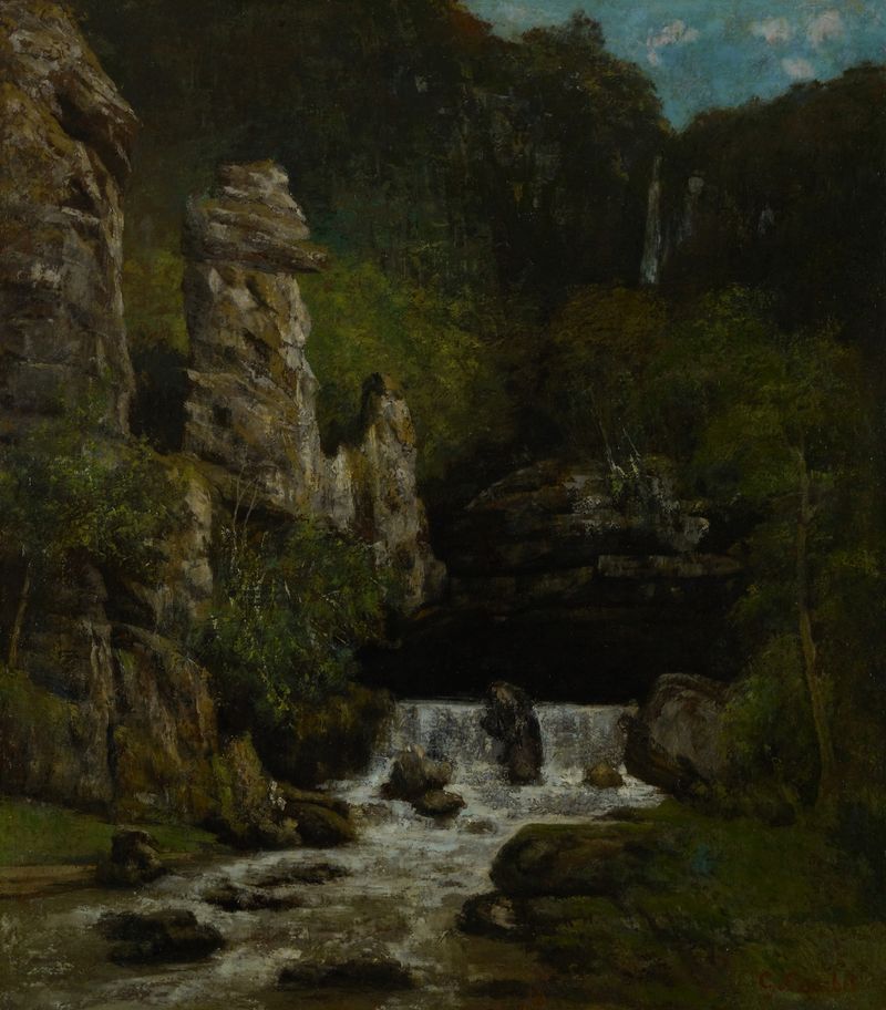 Landscape with a waterfall, oil on canvas by Gustave Courbet