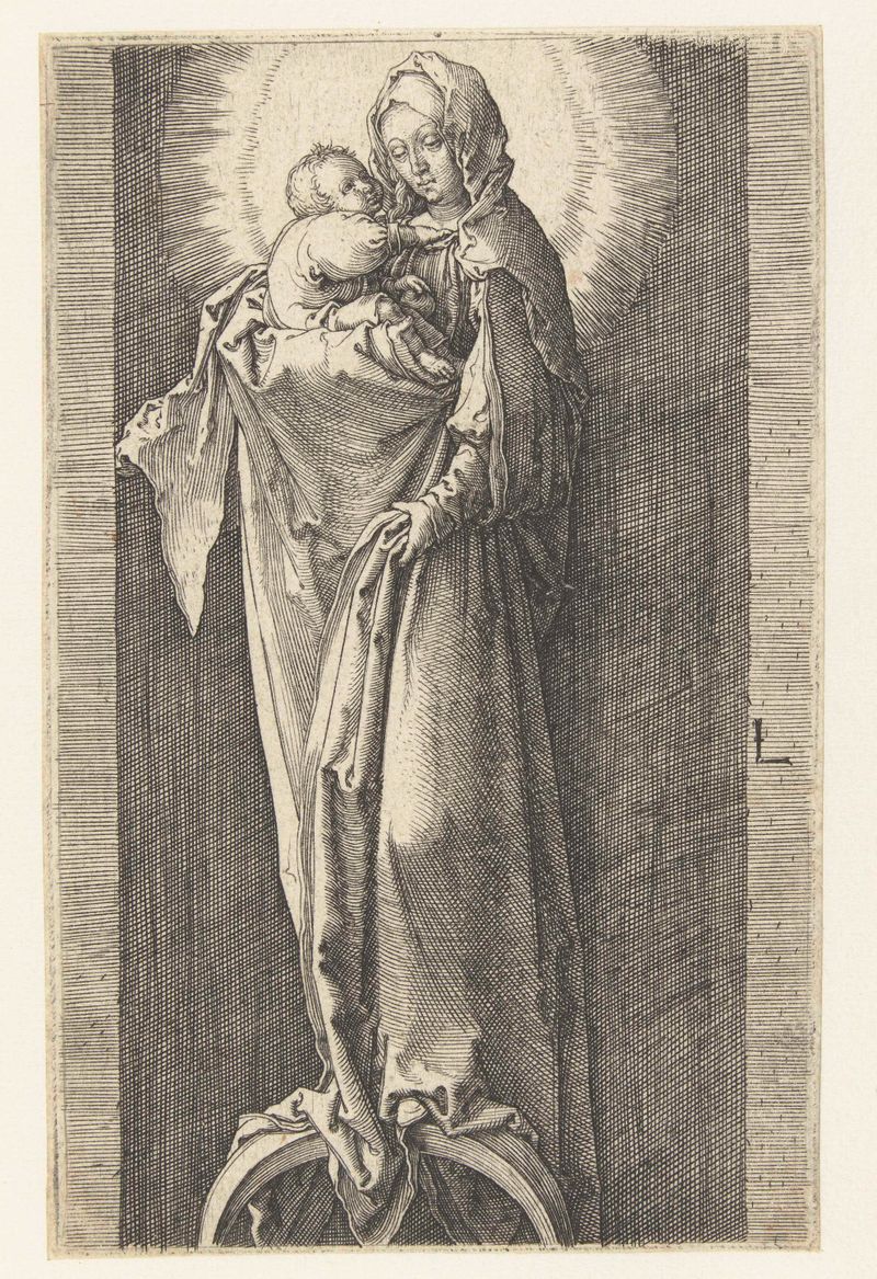 Gravura de Lucas van Leyden de Maria segurando a criança com luz e halo