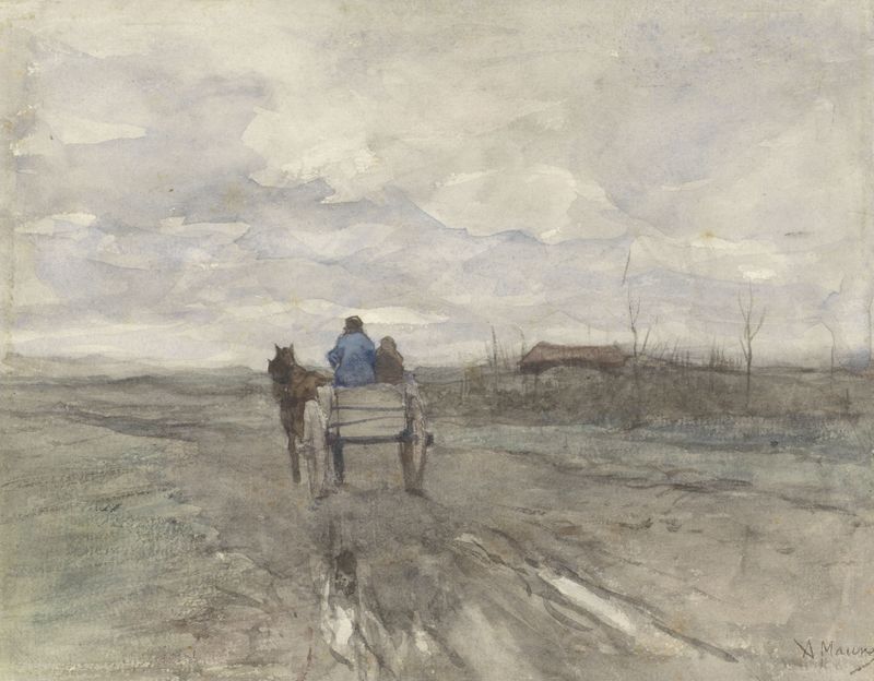 Paisaje con un carro de granjero en un camino rural, pintura al óleo de Anton Mauve